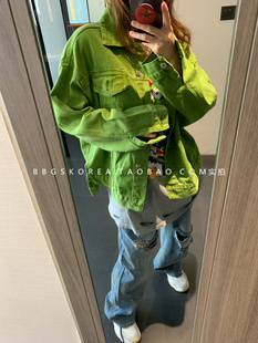 韩国2024春季女装显白荧光草绿色帅气宽松大码牛仔外套