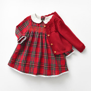 3婴儿连衣裙秋冬英伦风格子裙，套装0-3岁小香风，女宝周岁女宝宝礼服
