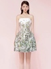 越南设计师小众绿色花朵，印花抹胸小礼服，女短裙收腰显瘦吊带连衣裙