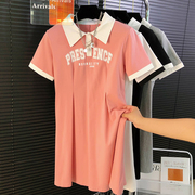 美式学院风拼色polo领连衣裙女2024夏季短袖，修身显瘦字母印花裙子