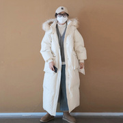 自制白色带帽大毛领棉服女冬季韩版加厚保暖宽松显瘦长款棉衣外套