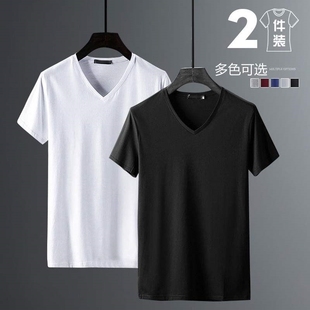 莫代尔冰丝t恤男士短袖，夏季纯色体，恤衫2021白色v领半袖潮流