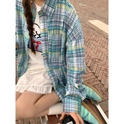 cckok海盐蓝格纹宽松衬衫，2024春夏polo领格子，防晒长袖衬衣女