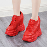 红色内增高老爹鞋女14CM厚底坡跟单鞋小个子防水台真皮运动松糕鞋