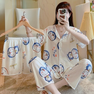 女士夏季短袖睡衣三件套韩版甜美可爱卡通，家居服