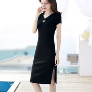 黑色V领菱形镂空短袖连衣裙女夏季可外穿内搭开叉显瘦包臀裙