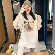 涂鸦中长款短袖t恤女夏季2024韩版纯棉上衣，遮屁股减龄体恤潮