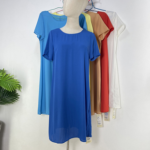 糖果色雪纺短袖连衣裙夏季薄款遮肉宽松大版型，蓝色裙子彩色直筒裙