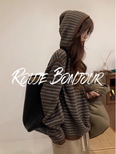 Rouj Paris法式撞色条纹羊毛连带帽设计感针织衫宽松加厚毛衣