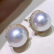 爱迪生天然淡水珍珠镶钻太阳花耳钉纯银正圆媲美澳白正圆大白耳饰