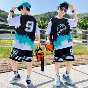 男童篮球服速干运动套装儿童假两件短袖球服9号球衣大童训练服夏