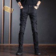 高端秋季黑色牛仔裤男修身韩版青年弹力男士休闲长裤小脚裤男。