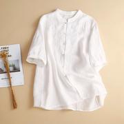 白色棉麻短袖衬衫女夏季2024年纯色休闲亚麻，刺绣薄款休闲衬衣