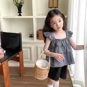 儿童韩版清爽格子套装2024夏季女童小飞袖吊带上衣短裤两件套