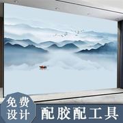 新中式客厅电视背景墙壁纸抽象意境，水墨山水画墙纸影视墙布3d壁画