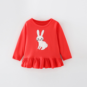 红色女童长袖t恤可爱卡通兔子上衣儿童宝宝纯棉圆领中小童装洋气