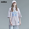 GUUKA&SANK藏克联名粉色T恤女短袖潮牌嘻哈情侣运动5分袖女夏宽松