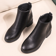 黑色法式小短靴中跟工装，靴女皮鞋粗跟工作鞋女鞋加绒及踝靴靴子冬