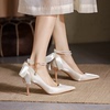 法式绸缎单鞋女日常可穿白色伴娘，新娘配婚纱，婚鞋细跟成人礼高跟鞋