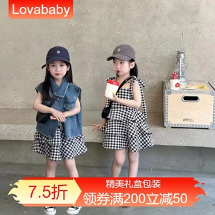 lovababy2024女童夏季复古黑白格打揽绑带，连衣裙+复古牛仔马甲