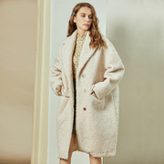 羊羔毛拼接(毛拼接)外套，女西装领中长款秋冬宽松显瘦时尚白色保暖大衣