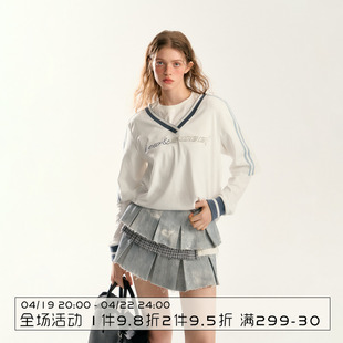 ns76春学院风休闲宽松纯棉，设计感小个子假两件棒球长袖t恤女