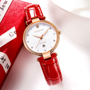 瑞士NAKZEN红色皮带防女式手表小盘日历夜光本命年时装表防水