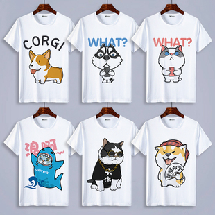 哈士奇t恤猫咪柴犬图案，二哈潮牌卡通可爱夏季半袖男女情侣装短袖