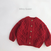 23秋冬新年儿童红色毛衣，冬款女童麻花纹针织，粗针毛衫外套开衫童装