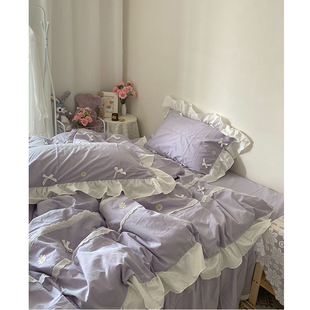 梦幻浪漫紫色全棉水洗棉亲肤，四件套床裙款ins公主风纯棉花边被套