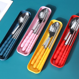 筷子勺子套装一人食便携餐具，三件套不锈钢叉子单人学生可爱收纳盒