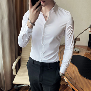 男士长袖衬衫男韩版弹力修身薄款短袖，衬衣男纯白色衬衫西装打底衫