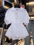 法式泡泡袖白色衬衫女短袖2024年设计感收腰褶皱休闲上衣衬衣