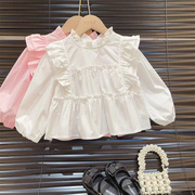 女童洋气飞袖蛋糕衬衫2024春季韩版儿童纯棉长袖衬衣宝宝春装