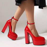 红色女单鞋14cm超高跟鞋防水台粗跟漆皮夜店鞋大码4445464748