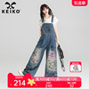 KEIKO 酷感涂鸦背带牛仔裤女2024夏季美式高腰显瘦直筒拖地长裤子