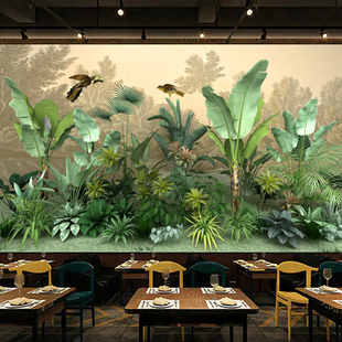 热带雨林主题壁纸3d立体芭蕉叶墙纸植物森林，客厅沙发电视背景壁画