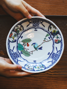 日本进口九谷烧青郊窑陶瓷餐具彩绘花鸟盘子饭碗茶杯菜盘点心盘
