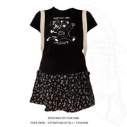 大码胖妹妹韩版可爱小熊印花短袖，t恤+黑色碎花蛋糕半身裙减龄套装