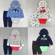婴儿秋装套装0-1岁儿童装男女宝，纯棉连帽衫卫衣外套连体衣三件套