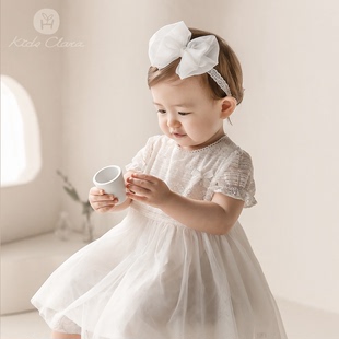 kidsclara韩国婴儿连衣裙夏短袖(夏短袖，)周岁女宝宝，礼服裙蕾丝白纱公主裙