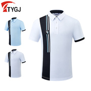 高尔夫男士短袖t恤polo衫，夏季翻领撞色运动休闲白色蓝色上衣服装