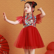 女童红色小礼服主持人钢琴演出走秀中国风连衣裙夏季蓬蓬裙公主裙