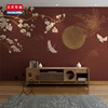 新中式古风壁纸玉兰花客厅沙发，背景墙纸古典仙鹤壁画茶室红色墙