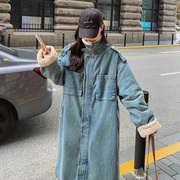 韩国羊羔毛牛仔(毛牛仔)派克服女冬季韩系加绒加厚中长款过膝棉服外套