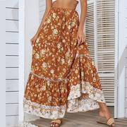 欧美夏季女装波西米亚度假风，惊艳印花系带，镂空棉绸大摆半身裙长裙
