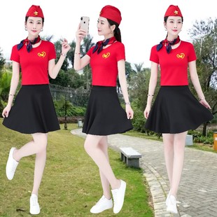 夏季大红色短袖T恤短裙套装女2023水兵舞团体表演服半身裙两件套M