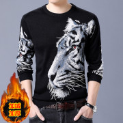 冬季男士加绒加厚花式毛线上衣创意，个性3d大老虎图案保暖打底衫