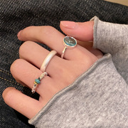 饰尚e族甜美蓝色椭圆，锆石戒指女碎银弹力绳，戒指彩石磨砂素圈指环