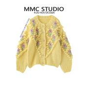 mmc2024加厚圆领彩色绣花手工，圆领开衫女慵懒风，黄色棒针毛衣外套